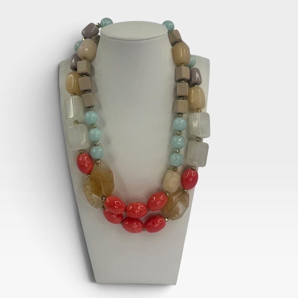 Loft Multistrand Statement Necklace Coral Mint Wood Bead Gold Tone Adjustable